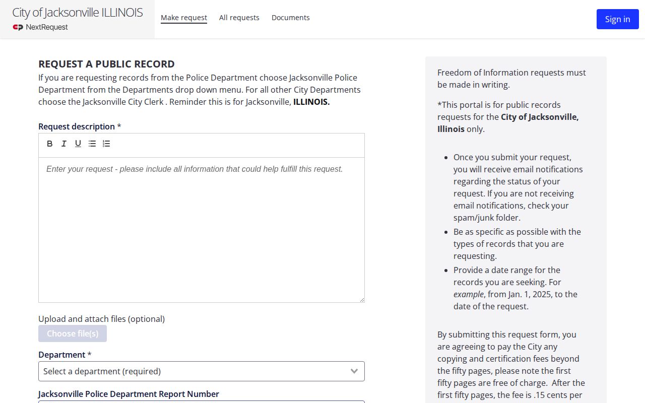 Morgan County Jacksonville Police records request interface for an arrest report